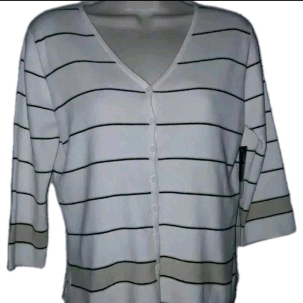 JEANNE PIERRE Stripe Short Cardigan Sweater Womans Size M White 3/4 Sleeve NWT